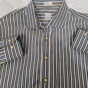 Peter Millar Blue & Tan Striped Long Sleeve Button Shirt Mens Large Cotton G